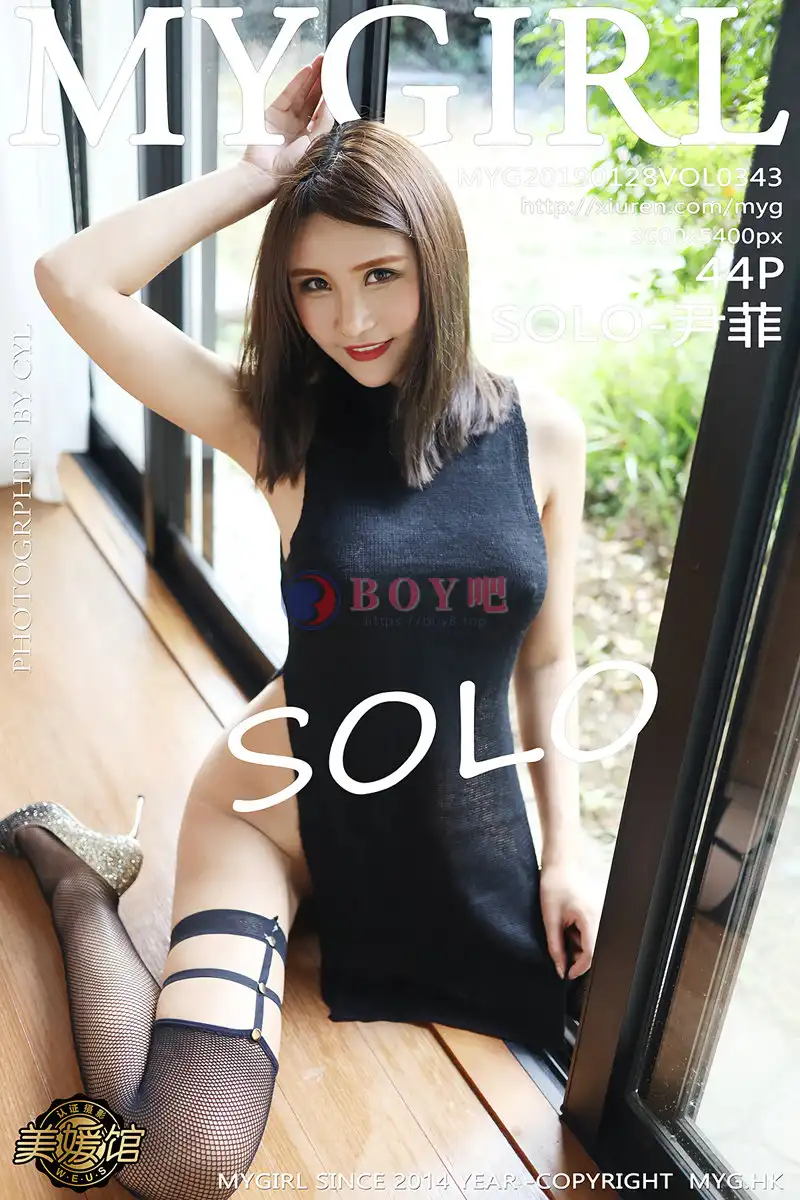 [MyGirl美媛馆] Vol.343 女神SOLO-尹菲私房黑色开叉睡衣配黑丝袜撩人诱惑写真-BOY吧