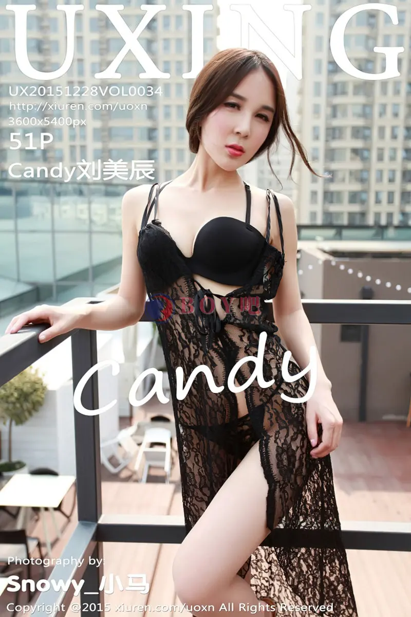 [UXING优星馆] Vol.034 嫩模Candy刘美辰黑丝吊带长裙缕空秀美胸翘臀写真-BOY吧