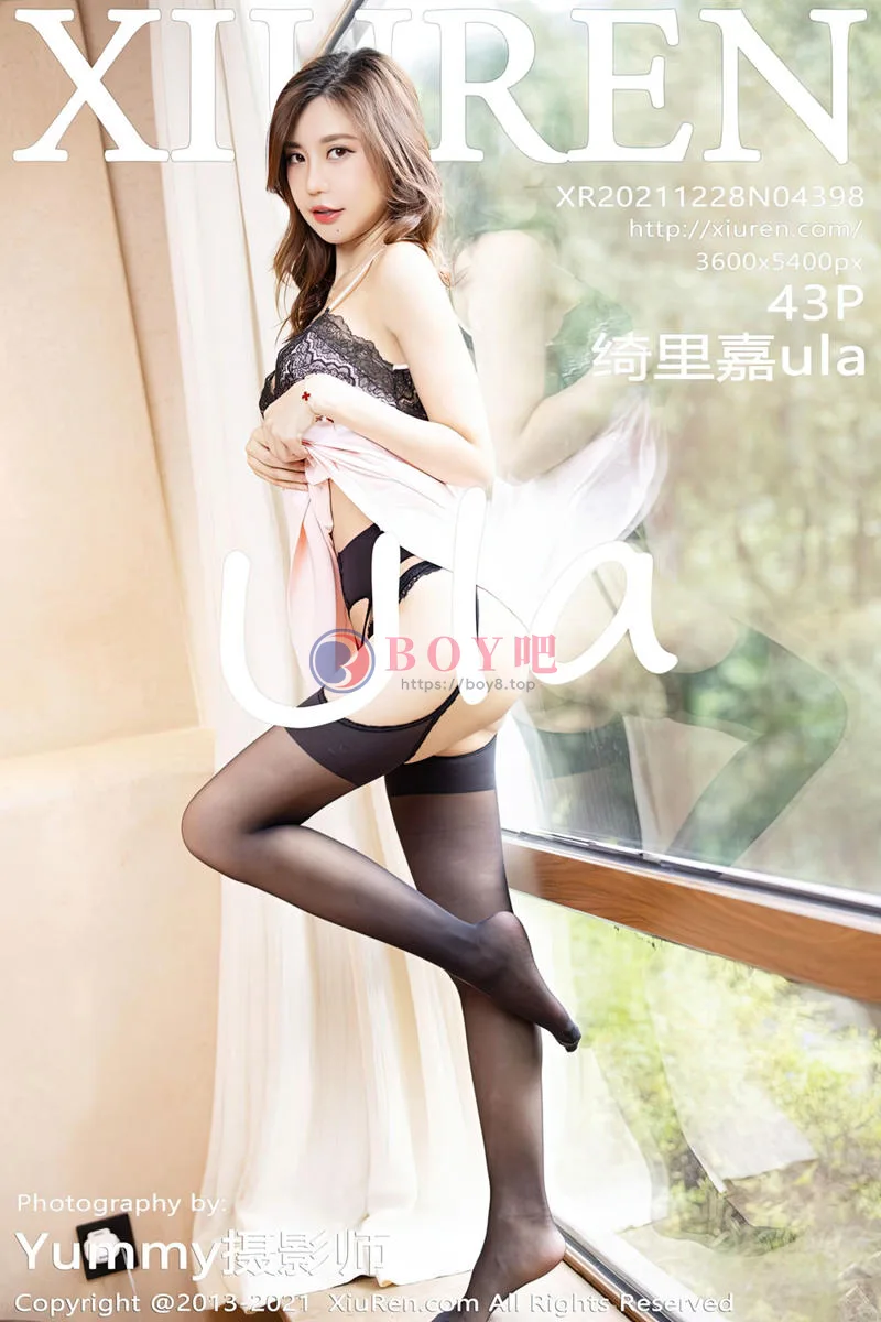 [XiuRen秀人网] NO.4398 女神绮里嘉ula床上脱粉色睡裙露黑色蕾丝内衣配黑丝吊袜诱惑写真 - BOY吧-BOY吧