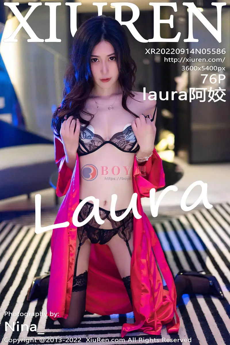 [XiuRen秀人网] No.5586 模特laura阿姣性感红色睡裙露黑色情趣内衣配蕾丝吊袜诱惑写真-BOY吧