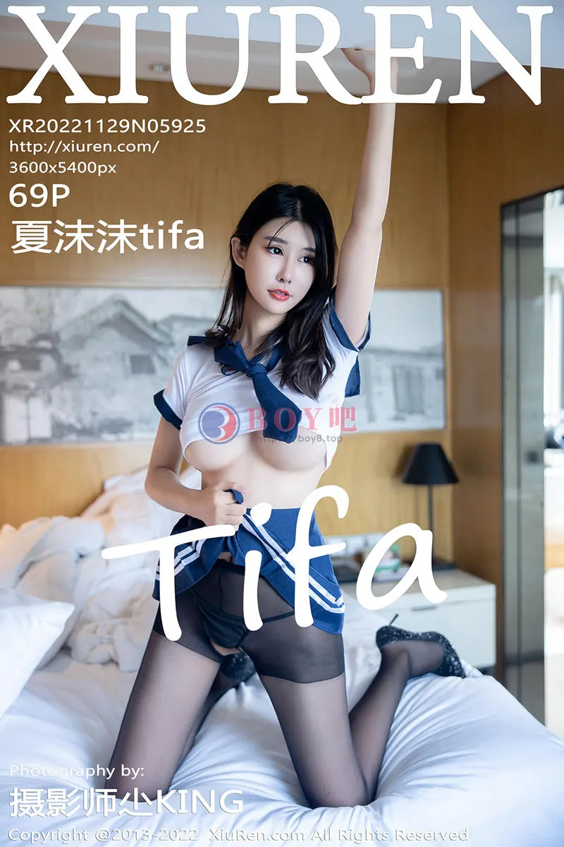 [XiuRen秀人网] No.5925 模特夏沫沫tifa性感学生制服蓝色短裙配超薄开档黑丝魅惑写真 - BOY吧-BOY吧