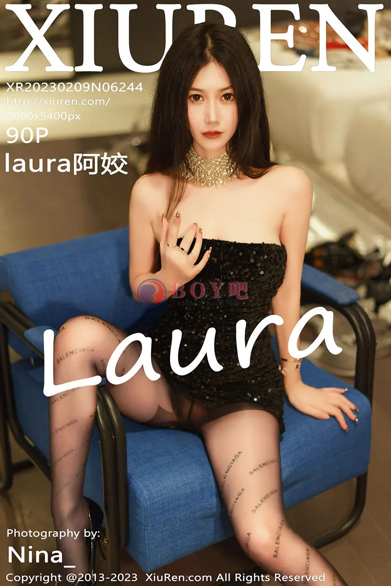 [XiuRen秀人网] No.6244 模特laura阿姣黑色露肩连衣短裙配超薄黑丝秀翘臀美腿诱惑写真-BOY吧