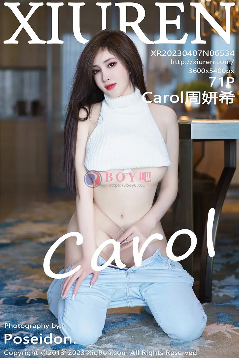 [XiuRen秀人网] No.6534 女神Carol周妍希白色超短衣配牛仔裤露傲人豪乳极致诱惑写真-BOY吧
