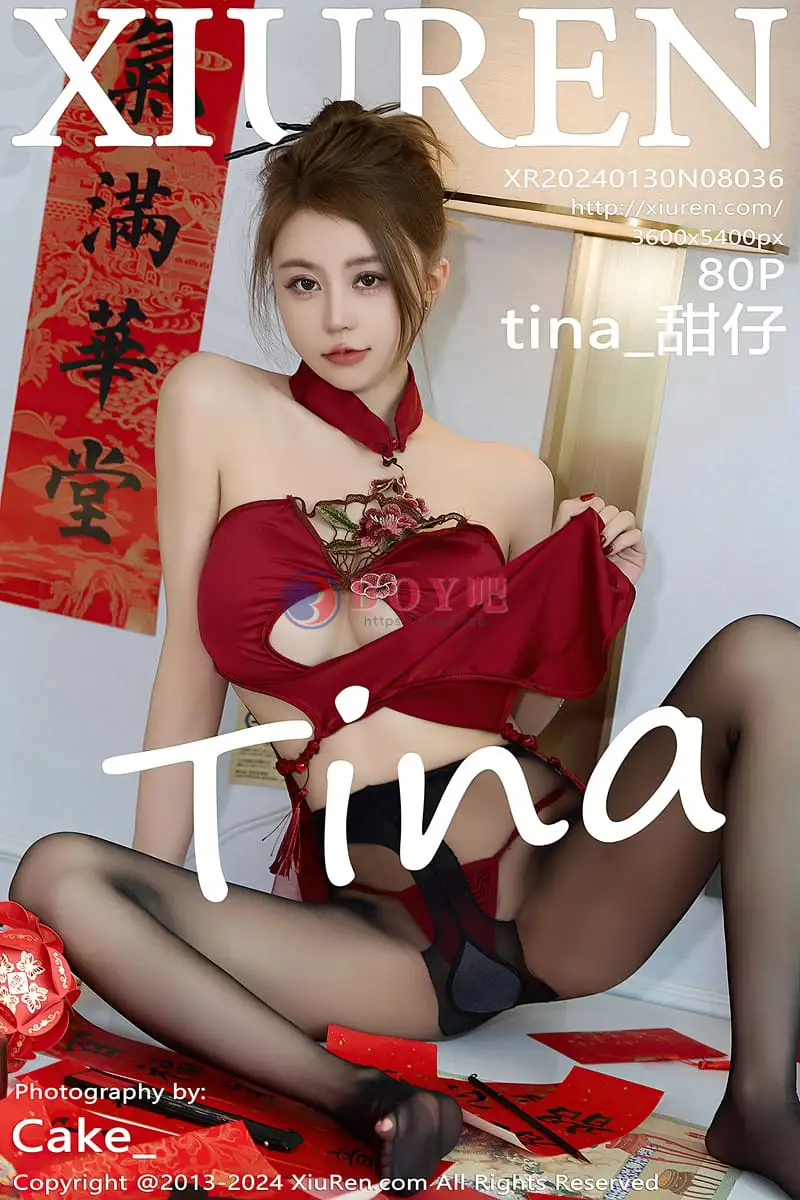 [XiuRen秀人网] No.8036 模特tina_甜仔新年主题红色上衣配魅惑黑丝秀凹凸身材性感写真-BOY吧