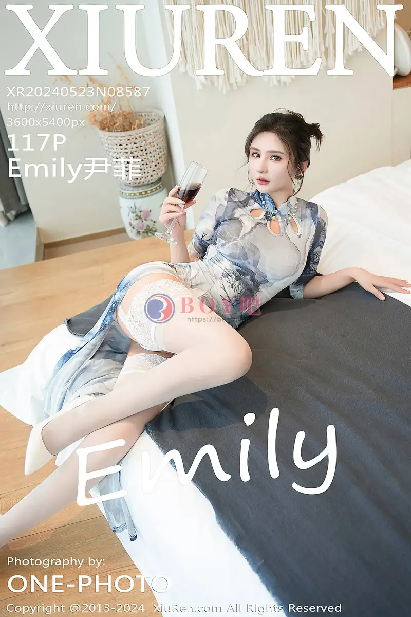 [XiuRen秀人网] No.8587 模特Emily尹菲性感白色蕾丝内衣配白丝吊袜秀惹火身材诱惑写真-BOY吧
