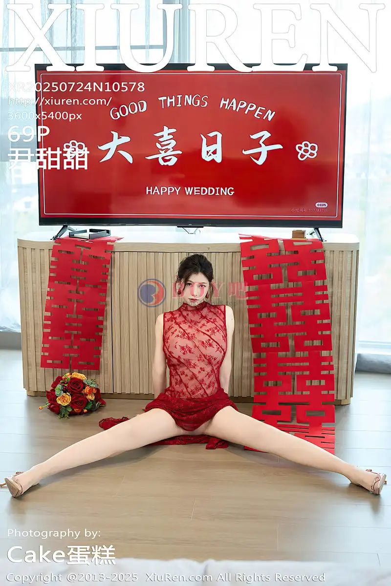 [XiuRen秀人网] NO.10578 模特尹甜甜性感红色新娘晨袍配肉色丝袜秀完美身材迷人诱惑写真-BOY吧