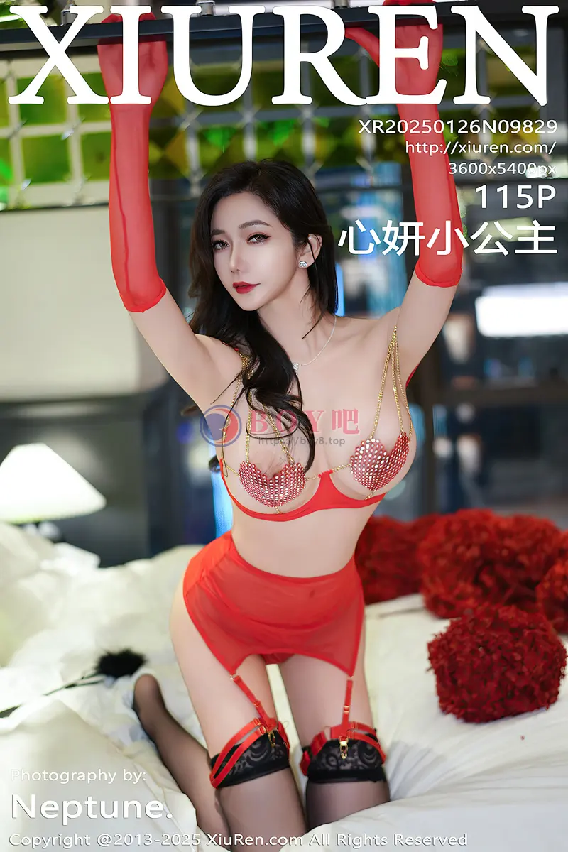 [XiuRen秀人网] NO.9829 女神心妍小公主性感红色轻透情趣服饰配黑丝吊袜秀翘臀诱惑写真 - BOY吧-BOY吧