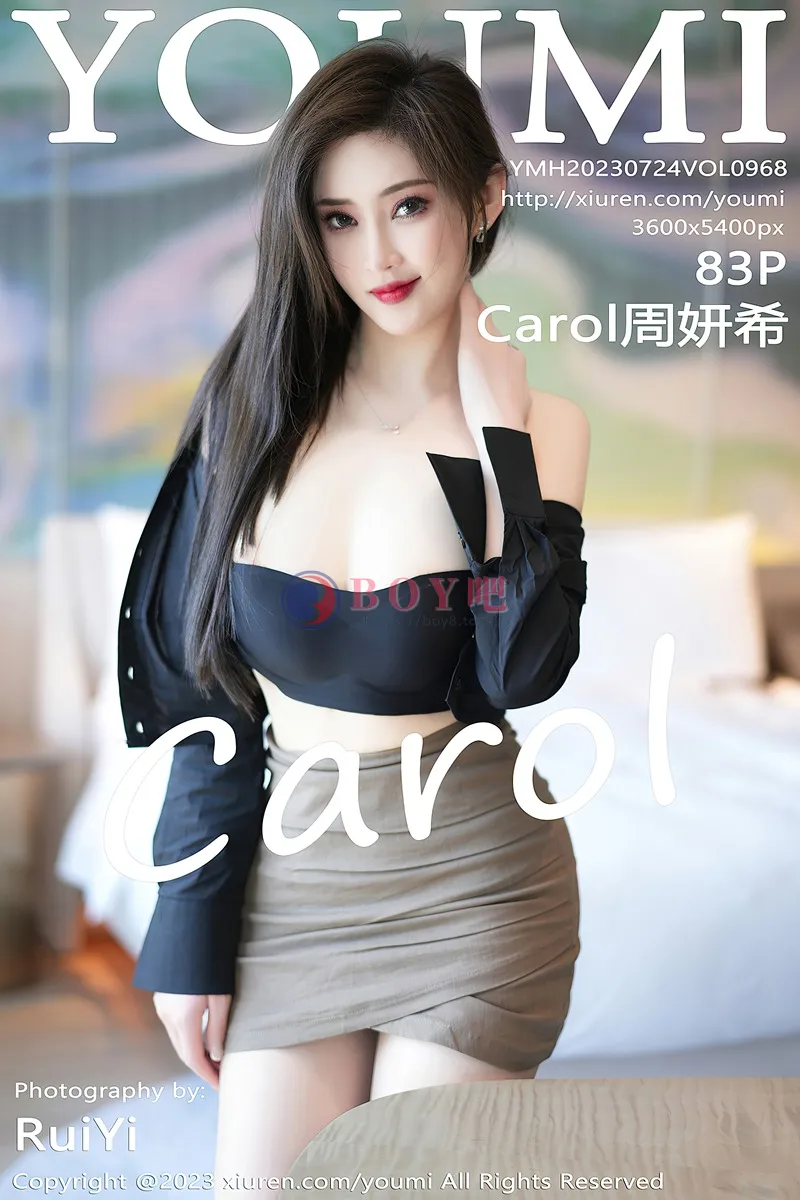 [YouMi尤蜜荟] Vol.968 女神Carol周妍希性感黑衬衫配驼色短裙露黑色内衣完美诱惑写真