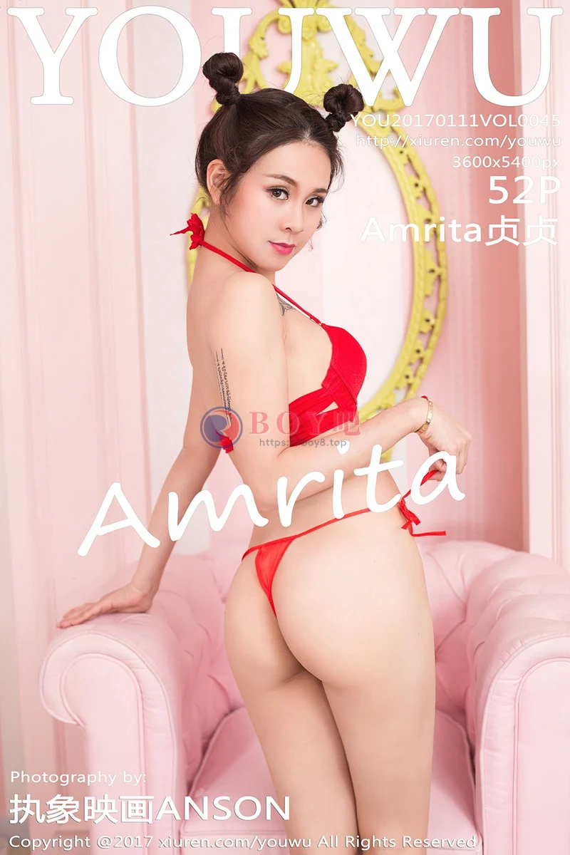 [YouWu尤物馆] Vol.045 嫩模Amrita贞贞喜庆红色主题福利性感肚兜+丁字裤诱惑写真-BOY吧